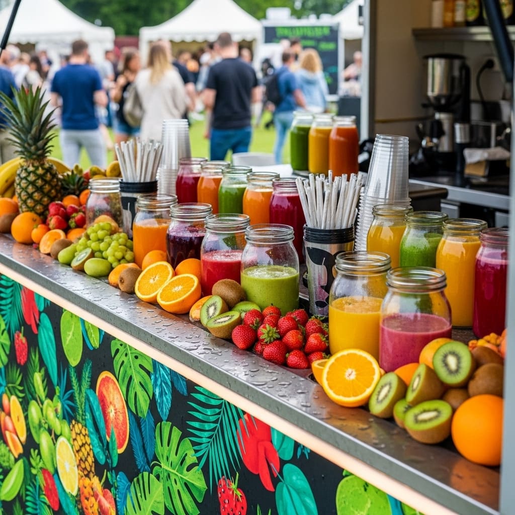 Erfrischende Smoothie- und Saftgetränke an einer mobilen Saftbar-Theke